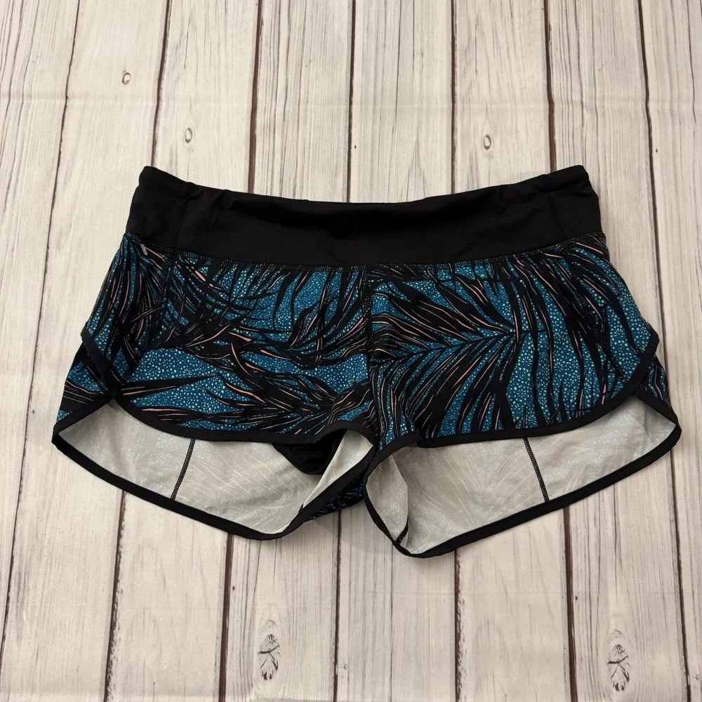 Lululemon Speed Shorts Black Teal Jungle Tropical Size 8 Activewear Workout‎